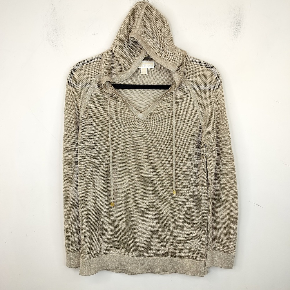 Michael Kors Gold Metallic Hoodie Sweater Large Sheer Mesh V-Neck